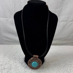 Boho Turquoise Pendant Necklace Black Cord Copper Tone Statement